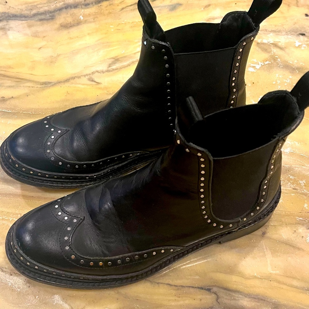 Rag and Bone, size 38.5, tab pull on bootie, 
Spectator, metallic silver studs
